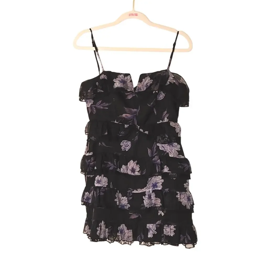 TOBI Irma Black Purple Floral Ruffle Shift Mini Dress Size M
